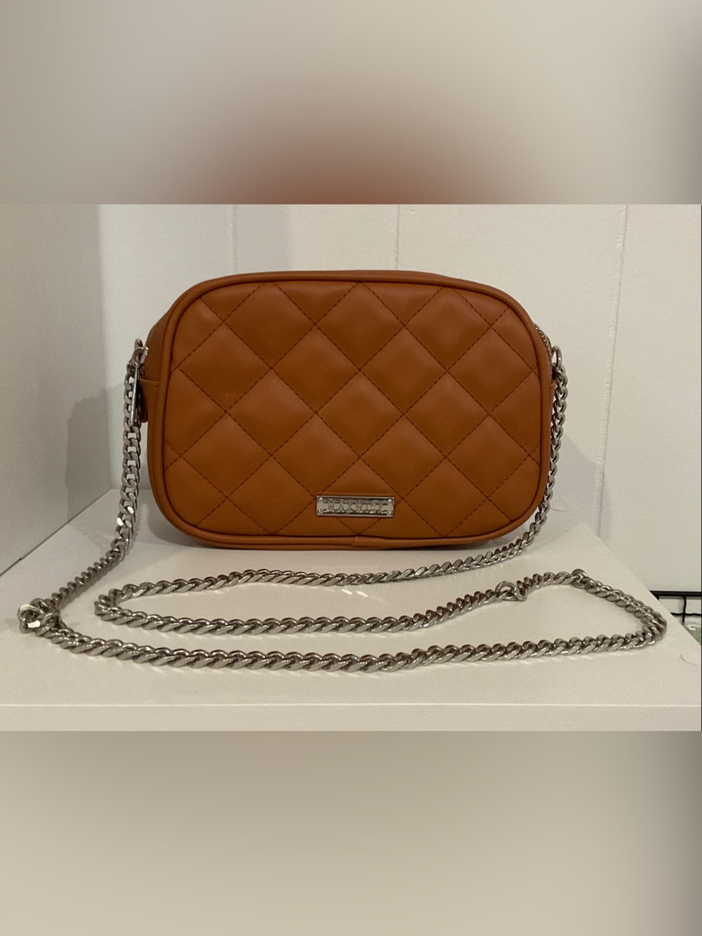 Quilted Tan Crossbody Bag with Silver Chain Strap